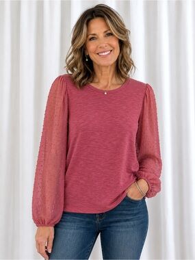 Maurices Dusty Rose Swiss Dot Sheer Sleeve Top NWT Large